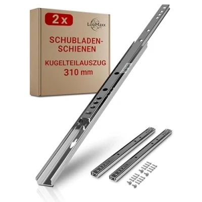 Abbildung von LouMaxx Kugelauszug 2er Set (1 Paar) Schubladenschienen 240 mm / 17mm Nut Schubladenauszug Schiene Schienen für Schubladen Schienensystem Teilauszug leicht anzubringen