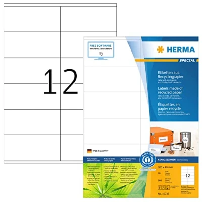 Abbildung von HERMA 10733 Recycling Etiketten, 80 Blatt, 105 x 48 mm, 12 pro A4 Bogen, 960 Stück, selbstklebend, bedruckbar, matt, blanko Papier Klebeetiketten Aufkleber, natur weiß