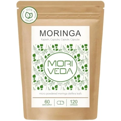 Abbildung von Moringa Kapseln 1000mg 60 Tage Vorrat Vegan ohne chemische Zusätze Laktose , fruktose glutenfrei Über 90 Nährstoffe, Proteine, Vitamine, uvm. 120 Caps von MoriVeda