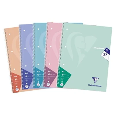 Abbildung von Clairefontaine 306227C Packung mit 5 Heften / Collegeblöcken, DIN A4, 80 Blatt 90g liniert Doppelrand, Lineatur Nr. 27, Pastellfarben sortiert, 1 Pack