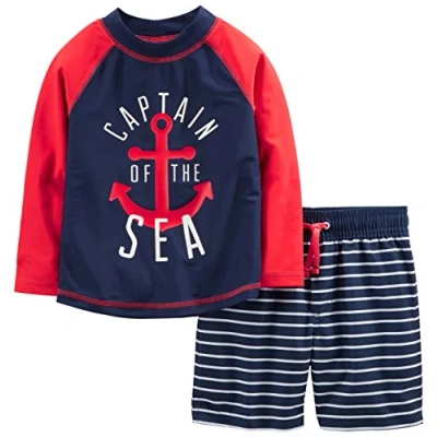 Abbildung von Simple Joys by Carter&#039;s Baby Jungen Swimsuit Trunk and Rashguard Rash Guard Set, Marineblau Rot Anker/Weiß Streifen, 24 Monate
