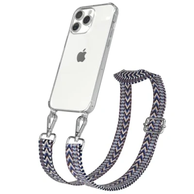 Abbildung von EAZY CASE Handykette mit verstellbarem Trageriemen für iPhone 15 Pro Max Taschengurt zum Wechseln transparenter Handyhülle Hülle dünner Schulterriemen in Blau Weiß Silber