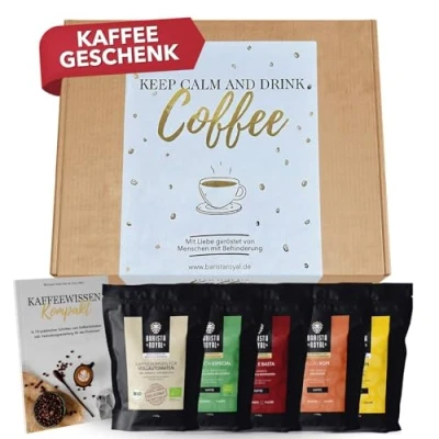 Abbildung von Kaffee Geschenkset (5 x 100g) Geschenkidee Kaffeebohnen Geschenk Probiertset Keep calm and drink Coffee gemahlen
