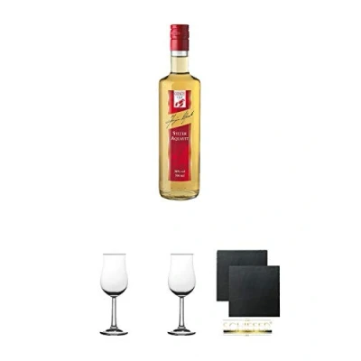 Abbildung von Gosch Sylter Aquavit Spezialität 0,7 Liter + 2 Bugatti Nosing Gläser mit Eichstrich 2cl und 4cl Schiefer Glasuntersetzer eckig ca. 9,5 cm Ø