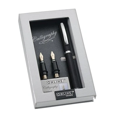 Abbildung von Online 36646 Kalligrafie Set Vision Black, Füller mit 3 Kalligraphie Federn Breite 0.8, 1.4, 1.8 mm, inklusive Calligraphy Tintenpatronen, in edler Geschenk Box, Schönschreib Schwarz