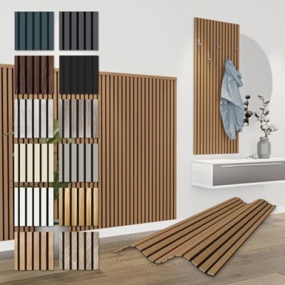 Abbildung von Hexim Wanddekoobjekt APH09 (Akustikpaneele 138,5x60cm flexible Lamellenwand Holz MDF Wandpaneele Lamellenverkleidung Wandverkleidung Innendekoration schalldämmend (6 Paneele / 4,98 m² Teak APH09)