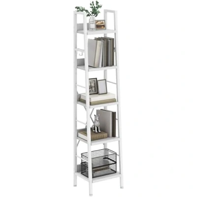 Abbildung von YITAHOME Bücherregal mit 5 Ebenen, industrielles Leiterregal, freistehendes Bücherregal, Holzregale und Metallrahmen, modernes Regal für Wohnzimmer, Flur, Büro, reinweißes