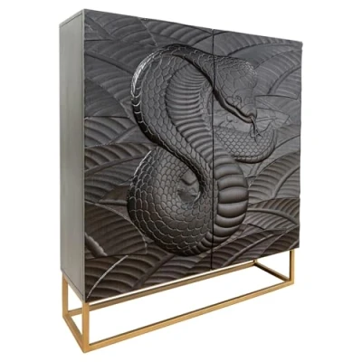Abbildung von riess ambiente Highboard SNAKE 120cm schwarz / gold · Hochschrank aus Massivholz mit 3D Front (Einzelartikel, 1 St), grifflose Kommode Mangoholz 2 Türen &amp; 6 Fächer Wohnzimmer