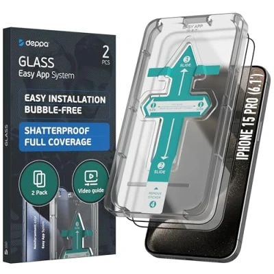 Abbildung von Deppa 2 Stück Schutzfolie für Iphone 15 Pro Screen (6.1 Zoll) mit Schablone Glas Folie Schutzfolie, Schutzglas, Displayschutz, Panzerfolie