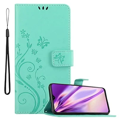 Abbildung von Cadorabo Hülle kompatibel mit Realme 5 PRO/Realme Q Blumen Design aus Kunst Leder Flip Klappbare Magnetische [Standfunktion] [Kartenfächern] Cover für Tasche in Türkis