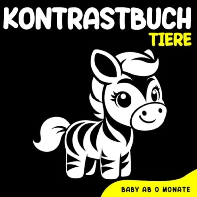 Abbildung von Kontrastbuch baby ab 0 Monate: Süße Tiere, kontrastreiche Schwarz Weiß Bilder zur visuellen Entwicklung und stimulation der Babyaugen von Geburt an.