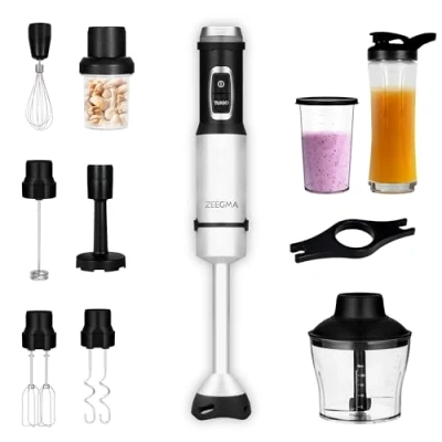 Abbildung von ZEEGMA HANDY NUTTIG Multifunktionaler Stabmixer 11in1 Leistung 1500 W Aufsatz Set: Für Smoothie Püree Zerkleinerer Mühle Trinkflasche Schneebesen Knethaken Milchaufschäumer Mixer