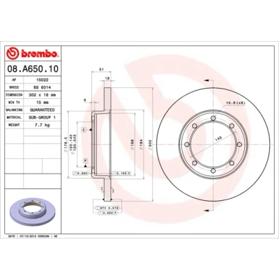 Abbildung von BREMBO 08.A650.10 Bremsscheibe 302 18 8 voll RENAULT: MASTER 3 Pritsche/Fahrgestell, Kasten, OPEL: Movano B Kastenwagen