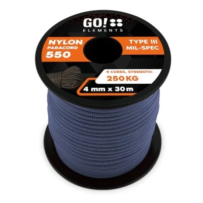 Abbildung von GO!elements 30m Paracord Seil aus reißfester Nylonschnur 4mm 550 Typ III Schnur geeignet als Allzweckseil &amp; Reepschnur Max. 250kg, Farbe: Grau Blau