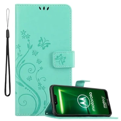 Abbildung von Cadorabo Hülle kompatibel mit Motorola Moto G7 Power Blumen Design aus Premium Kunst Leder Flip Klappbare Stoßfeste Magnetische [Standfunktion] [Kartenfächern] Cover Case Tasche in Türkis