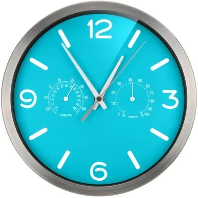 Abbildung von Bresser Funkuhr Wanduhr MyTime ND Thermo Hygro mit geräuschlosem Funkuhrwerk, Edelstahlrahmen und Anzeige für Temperatur Luftfeuchtigkeit, hellblau, 250 x mm