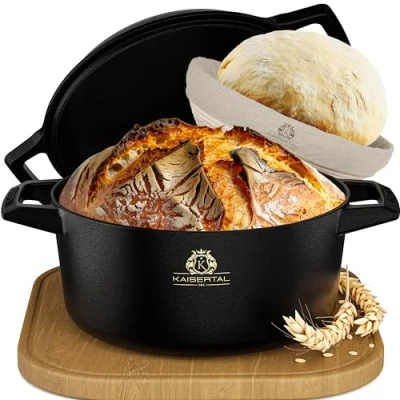 Abbildung von KAISERTAL 26cm Gusseisen Topf Brot Backen + Gärkorb Eingebrannte Brotbackform mit Deckel Brottopf zum Brotbacktopf, Brotbackset, Gusseisentopf Brotbacken, Zubehör, Brotform