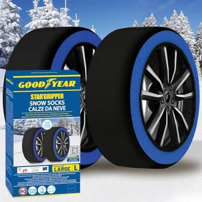Abbildung von Goodyear Star Gripper Schneeketten zugelassen Italien EN 16662 1:2020 Zwei aus Stoff für Auto. Snow Sock Größe L