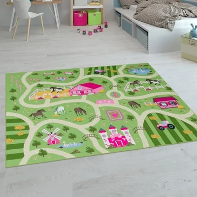 Abbildung von Paco Home Kinderteppich Teppich Kinderzimmer Spielteppich Junge Mädchen Modern rutschfest, Grösse:80x150 cm, Farbe:Grün