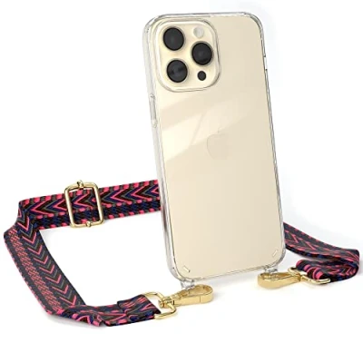 Abbildung von EAZY CASE Handykette Verstellbarer Trageriemen kompatibel mit iPhone 14 Pro Max, Schulterriemen, Handykordel Case, DIY Gürteltasche Hülle, Pink/Blau Metallstücke Gold