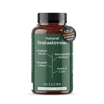 Abbildung von Nullure Natural Testosteron Unabhängig getestet Maca + Tribulus Terrestris Bockshornklee +Ashwagandha Ginseng Zink Vegan &amp; Ohne Zusätze 120 Stück 2 Monate Hergestellt in Barcelona
