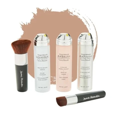 Abbildung von Jerome Alexander Magic Minerals AirBrush Foundation Set 5 St.Foundation + Primer &amp; Fixier Spray 2 Pinsel Integriertes Make up mit Hautpflege feuchtigkeitsspendend (Warm Medium, 50 45 ml)