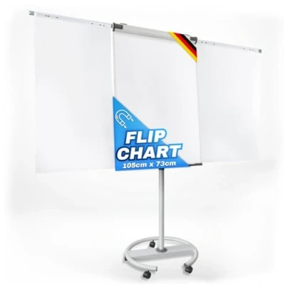 Abbildung von MOB Flipchart Ständer Whiteboard fahrbar mit Rollen 73x105cm Höhenverstellbar bis 210cm, Beschreibbar, Trocken abwischbar, magnetisch, Flip Chart Magnettafel rollbar &amp; Seitenarmen Shark