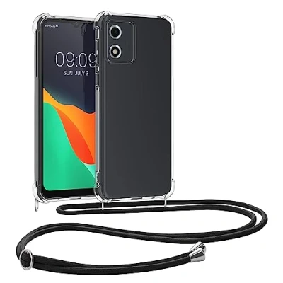 Abbildung von kwmobile Necklace Case kompatibel mit Motorola Moto E13 Hülle Silikon Cover Handykette Band Handyhülle Schwarz Transparent
