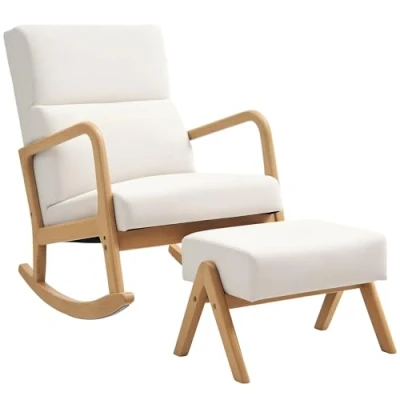 Abbildung von HOMCOM Schaukelstuhl mit Hocker, Relaxsessel Leinenoptik, Schaukelsessel Holzbeine Schwingsessel für Schlafzimmer, Wohnzimmer, bis 150 kg belastbar, Cremeweiß