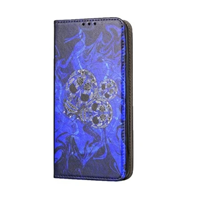 Abbildung von KX Mobile Hülle für Samsung Galaxy A21S Handyhülle Motiv 258 Totenkopf Skull Blau Premium Smart aus Kunstleder einseitig bedruckt HandyCover