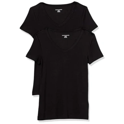 Abbildung von Amazon Essentials Damen Kurzärmeliges T Shirt mit V Ausschnitt, Schmale Passform, 2er Pack, Schwarz, L