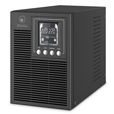 Abbildung von Atlantis A03 OP1002 USV OnLine Server Doppelwandler Reine Sinuswelle 1000VA 900W, Tower, LCD Display, USB, RS 232 seriell, 4 IEC Ausgänge, EPO Port, SNMP Steckplatz, 2x12V 9Ah