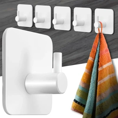 Abbildung von Menz Handtuchhalter ohne Bohren 6 Stück weiße Badezimmer Handtuchhalter, Edelstahl Klebehaken, funktionale Haken, Haken selbstklebend, Handtuchhaken für Bad, Küche, mit wasserfesten Klebepads