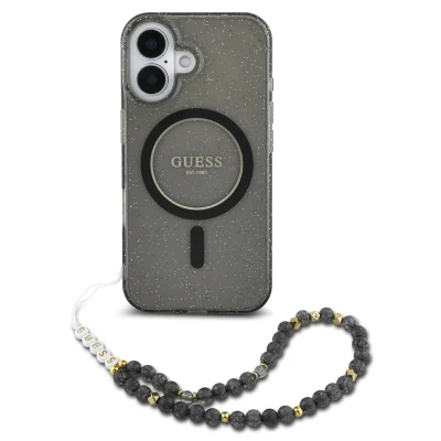 Abbildung von Apple iPhone 16 Pro Max Hülle MagSafe Kunststoff Guess IML Case with beads strap/Hard Handyhülle Schwarz
