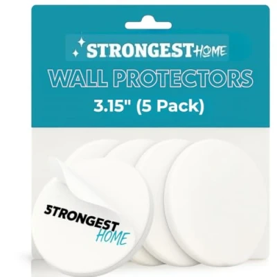 Abbildung von Strongest Home Wand &amp; Türgriffstopper, 8 cm, Set, 5 Stück, weißer Gummitürknopf, runde Wandschutzplatte. Leiser Wandschutz für Türgriff, Sicherheitstür, Stoßfänger, Wandschutz, Schalldämpfer