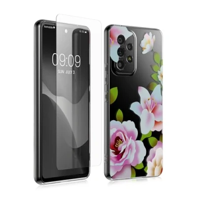 Abbildung von kwmobile Hülle kompatibel Mit Samsung Galaxy A53 5G Handyhülle Silikon Case Transparent Glas Schutzfolie Frühling Rosen Hellrosa Weiß