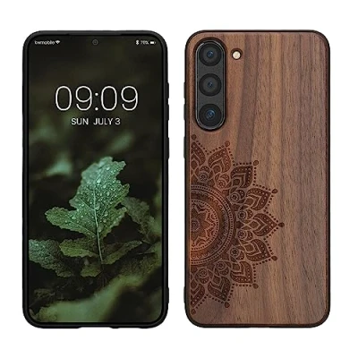 Abbildung von kwmobile Hülle kompatibel mit Samsung Galaxy S23 Plus Holz Case Handy Cover TPU Handyhülle in Dunkelbraun Aufgehende Sonne