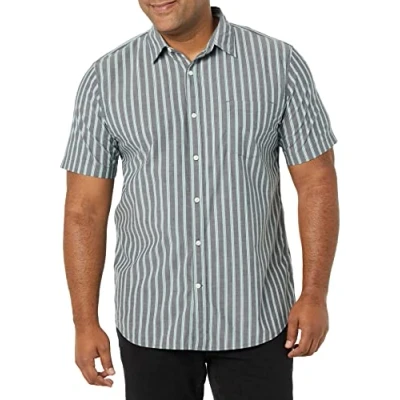 Abbildung von Amazon Essentials Herren Kurzärmeliges Hemd aus Popeline, Schmale Passform, Marineblau Streifen, XL