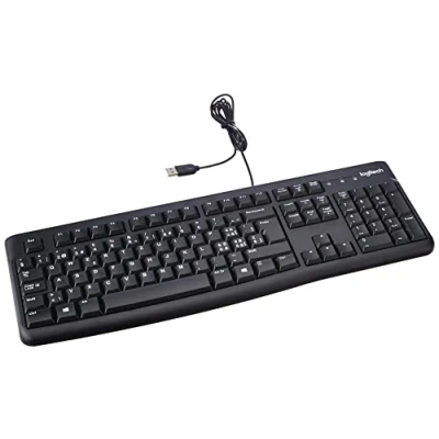 Abbildung von Logitech K120 Kabelgebundene Business Tastatur für Windows und Linux, USB Anschluss, Leises Tippen, Robust, Spritzwassergeschützt, Tastaturaufsteller, Schweizer QWERTZ Layout Schwarz