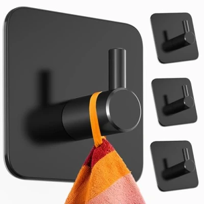 Abbildung von Menz Handtuchhaken ohne Bohren, 4er Pack Extra starke Handtuchhalter Klebehaken Edelstahl, Haken selbstklebend mit wasserfesten Klebepads, Badezimmer Handtuchhalter, Fb. Schwarz