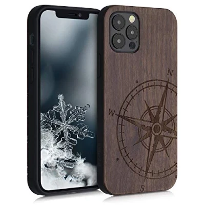 Abbildung von kwmobile Hülle kompatibel mit Apple iPhone 12 / Pro Holz Case Handy Cover TPU Handyhülle in Dunkelbraun Kompass Vintage