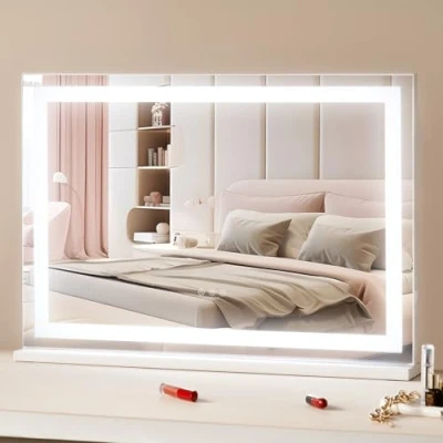 Abbildung von VEVOR Hollywood Schminkspiegel, Kosmetikspiegel mit 3 Farbbeleuchtungsmodi, Schminkspiegel LEDs, 5 fache Vergrößerung, USB Anschluss, Smart Touch Steuerung, Wandmontage auf Schreibtisch, 797x547mm
