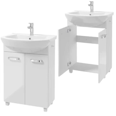 Abbildung von Deftrans Domodomo Badezimmerschrank mit Waschbecken, 85 x 60 40 cm weißer Waschbeckenschrank, Keramik Waschbecken Set, Standschrank für kleines Bad (Weiß Mila)