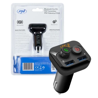 Abbildung von FM Modulator PNI Valentine F250 Bluetooth 5.0, MP3 Player, Sender, Micro SD Steckplatz, doppelter USB Anschluss, schnell aufladbare Mobile Geräte, Super Bass Taste