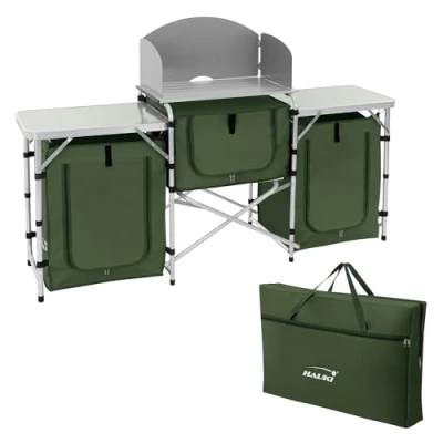 Abbildung von Hauki Camping Küche, Khaki, Campingschrank faltbar mit Tragetasche, Reiseküche Windschutz, Küchenschrank Arbeitsplatte, Staufächern, Alu Outdoorküche, Küchenbox klappbar, Zeltschrank tragbar