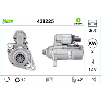 Abbildung von VALEO NEW ORIGINAL PART 438225 Anlasser 12 2 VOLKSWAGEN: Caddy 3 Kombi, Passat B6 Variant, Transporter 5 Bus, AUDI: A3 Schrägheck, Sportback