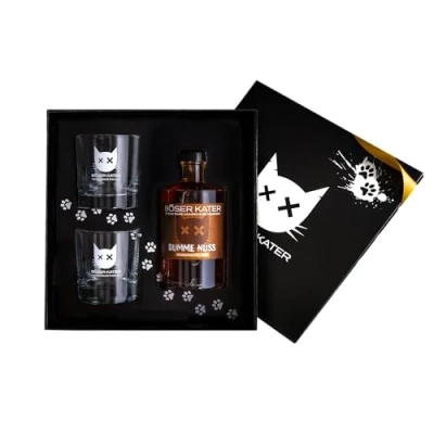 Abbildung von Böser Kater Dumme Nuss Likör Geschenkset mit 2 Gläsern Aromatischer Haselnuss Für den puren Genuss &amp; spannende Cocktails Besondere Geschenkidee Vegan Handgemacht 0,5l 20% Vol.