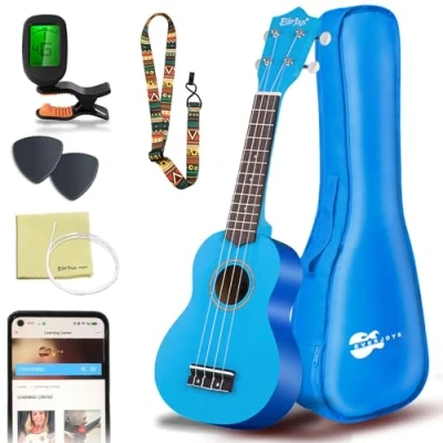 Abbildung von Everjoys Sopran Ukulele Set für Kinder und Erwachsene 21 Zoll Starter Kit mit Tasche, Tuner, Songbook, Saiten, Pick, Kleine Hawaii Gitarre Blau