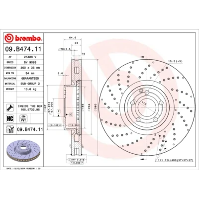 Abbildung von BREMBO COATED DISC LINE 09.B474.11 Bremsscheibe 360 36 5 gelocht/innenbel. beschichtet hochgekohlt mit Schrauben MERCEDES BENZ: SL Cabrio