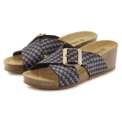 Abbildung von Vivance Pantolette &quot;Sandale, Mule, offener Schuh&quot;, mit Komfortkorkfußbett aus Leder, Keilabsatz und Print